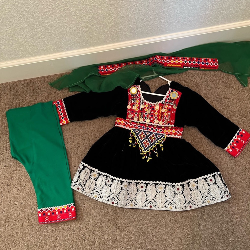 Afghan dress toddlers with pants and scarf